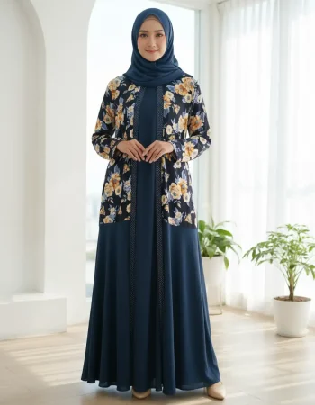 Hajjanah 'Elara' Navy Floral Gamis Set